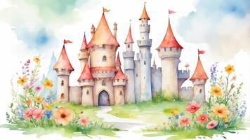 Charming watercolor castle with vibrant flowers and bright flags in a whimsical setting photo