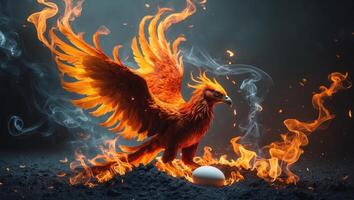Majestic phoenix rises in flames, symbolizing rebirth and eternal strength against a mystical dark background photo