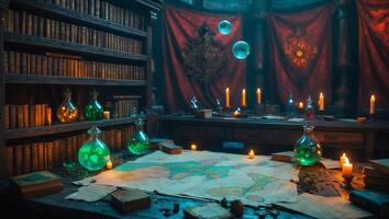 Mysterious alchemy lab filled with colorful potions and ancient books in a dimly lit space photo