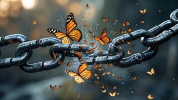 Breaking chains as butterflies emerge in a dark forest environment during twilight hours photo