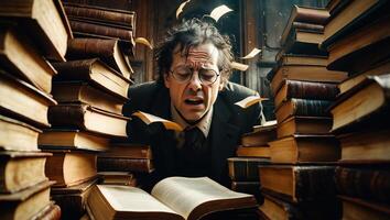 Curious researcher exploring a vast collection of ancient books in a dimly lit library photo