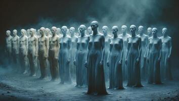 Certain figures in white gowns stand in formation within a misty, dimly lit space at night photo
