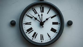 Classic wall clock displaying Roman numerals against a textured wall in soft lighting photo