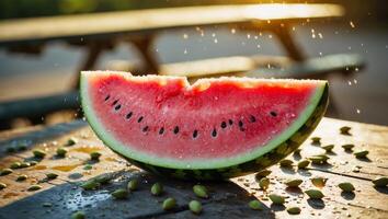 Brightly sliced watermelon on a rustic wooden table surrounded by seeds in a summer setting photo