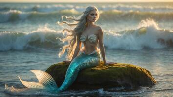 Mermaid resting on a rock by the beach during sunset with gentle waves in a tranquil coastal setting photo