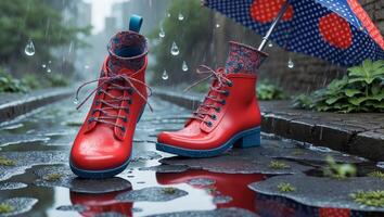 Bright red boots make a fashion statement during a rainy day in the city while holding a polka dot umbrella photo