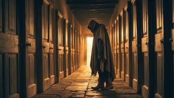 Mysterious figure stands in dimly lit corridor with multiple doors during nighttime photo