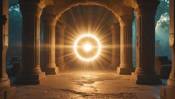Mysterious glowing orb illuminates ancient stone structure in a sunlit forest setting photo