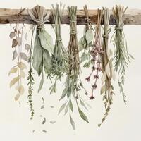 Herbs hanging on a wooden rack in a rustic kitchen for preservation and flavor enhancement photo