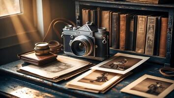 Vintage camera on a desk surrounded by old photographs and books in a warm, inviting room photo