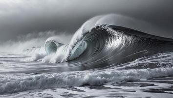 Powerful ocean waves crashing against the shore at sunrise, creating stunning patterns in black and white photo