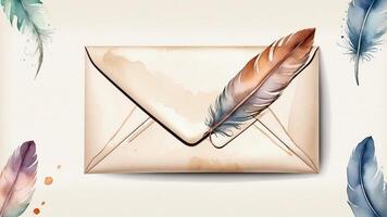 Elegant envelope with a quill surrounded by colorful feathers for artistic inspiration photo