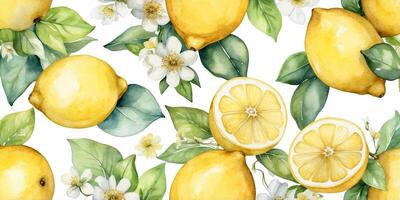 Fresh lemons with leaves and flowers creating a vibrant and refreshing pattern for stylish designs photo