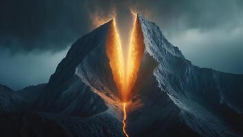 Erupting mountain reveals molten lava flow during twilight under cloudy sky photo