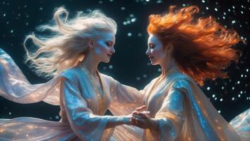 Two ethereal figures with flowing hair engage in a graceful dance amidst a shimmering backdrop photo