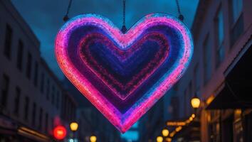 Illuminated heart-shaped neon sign hanging in vibrant city street during twilight photo