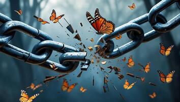 Breaking chains as butterflies emerge in a dark forest environment during twilight hours photo