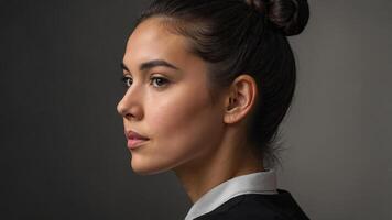 Profile of a young woman in formal attire with a serious expression during a studio session photo