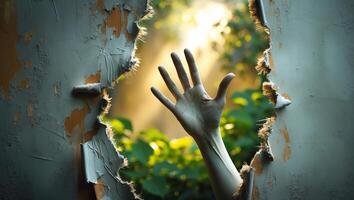 Hand reaching through a hole in a wall, illuminated by soft sunlight in a captivating natural setting photo