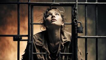 Woman looking upward from behind prison bars in a dark and intense setting photo
