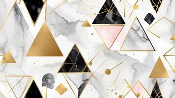 Unique geometric pattern featuring black, gold, and pink triangles on a marble-like background with elegant design elements photo
