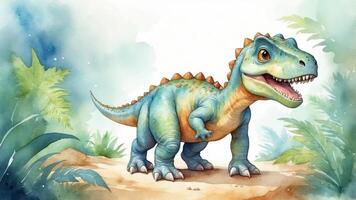 Colorful dinosaur standing on a path surrounded by ferns in a whimsical nature setting photo