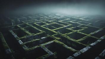 Mysterious labyrinth covered in moss illuminated by fog in twilight photo