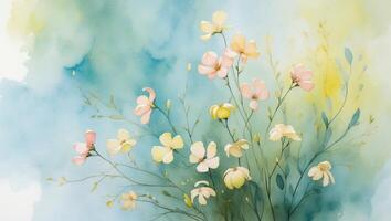 Delicate watercolor painting of blooming flowers with soft pastel colors and a serene blue background photo
