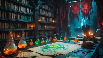 Mysterious alchemy lab filled with colorful potions and ancient books in a dimly lit space photo