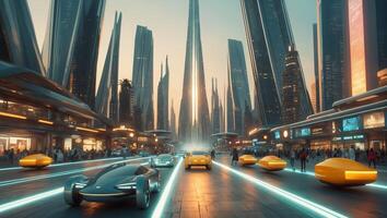 Futuristic cityscape with sleek vehicles and towering skyscrapers during sunset in an urban environment photo