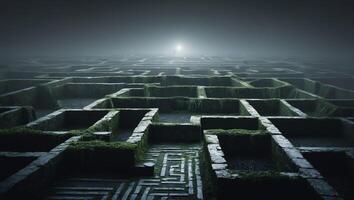 Mysterious maze illuminated by a distant light in a foggy environment during nighttime photo