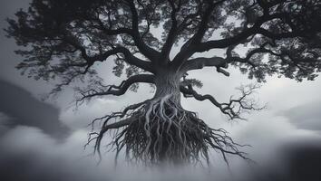 Majestic tree stands tall with intricate roots amidst a misty landscape at dusk photo