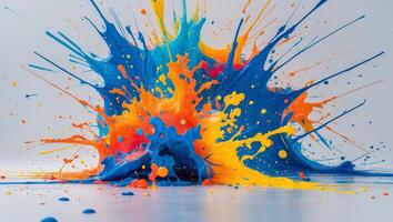 Colorful explosion of paint creates a vibrant splash on a smooth surface in a creative art setting photo