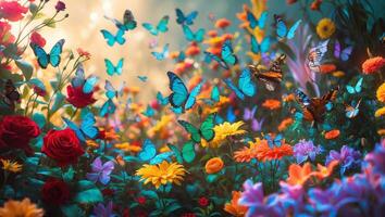 Colorful butterflies flutter in a vibrant flower garden during a sunny afternoon photo