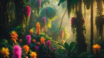 Vibrant tropical rainforest filled with colorful flowers and lush greenery during early morning light photo