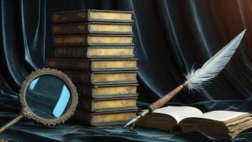 Classic literature and writing tools arranged on a dark velvet backdrop, creating a timeless scholarly atmosphere photo