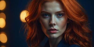 Striking portrait of a young woman with fiery red hair illuminated by soft lights in a dimly lit studio setting photo