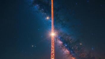 Bright cosmic tower illuminated in the night sky showcasing a breathtaking view of the universe photo