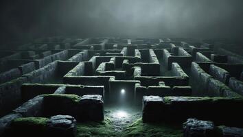 Mysterious maze illuminated by a single light in a dimly lit environment photo