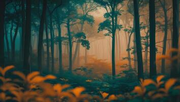 Mysterious forest with vibrant foliage and soft light during autumn twilight photo