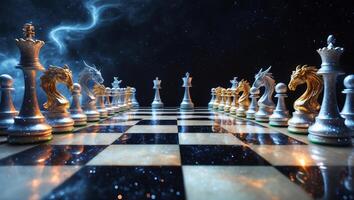Intricate chessboard setup showcasing ornate pieces in a mystical atmosphere during a dramatic showdown photo
