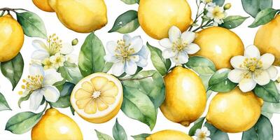 Fresh lemons and blossoms arranged in a vibrant pattern on a light background during spring season photo