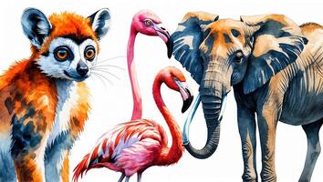 Incredible wildlife illustration featuring a lemur, flamingos, and an elephant in vibrant colors photo
