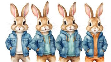 Cute rabbits in stylish jackets posing together in a whimsical setting showcasing their playful personalities photo