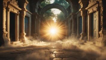 Mystical sunlight streams through ancient ruins creating an ethereal atmosphere in the forest photo