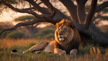 Majestic lion lounging under a tree during golden hour in a serene African landscape photo