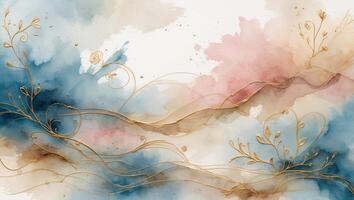 Elegant watercolor abstract design with gold accents and floral elements in soft pastel colors photo