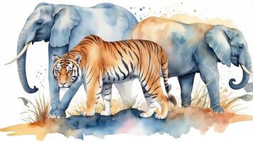 Wildlife illustration featuring elephants and a tiger in a colorful watercolor style photo