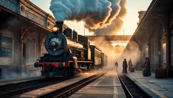 Steam locomotive departs from historic train station at dawn, creating an atmospheric scene with mist and vintage architecture photo