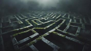 Intricate stone labyrinth surrounded by mist under soft lighting at twilight photo